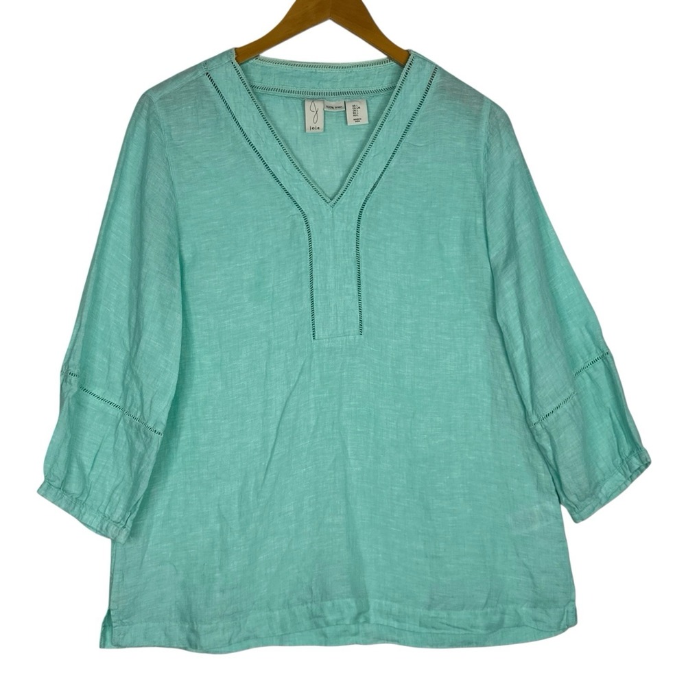 Joie 100% Linen Blouse Womens L Mint Green V Neck 3/4 Sleeve Top Resort Coastal